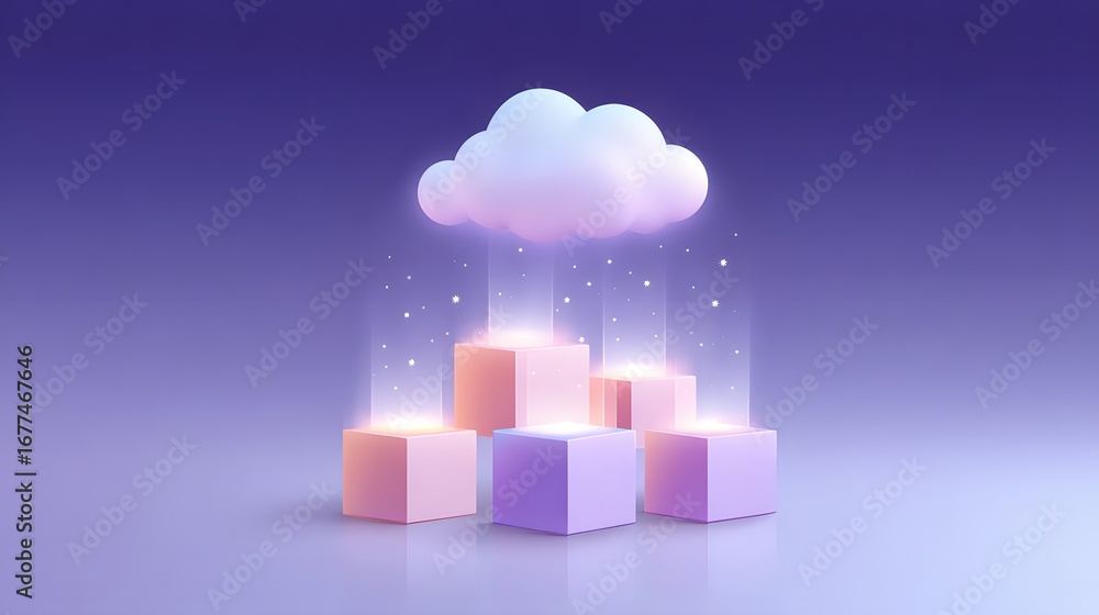 Poster a dreamy cloud hovering over pastel-colored cubes emits a soft glow, creating a serene and imaginati