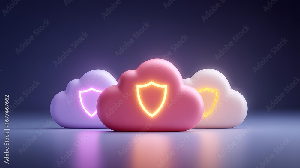 Poster three stylized clouds with glowing shields, representing cybersecurity and data protection in a mode