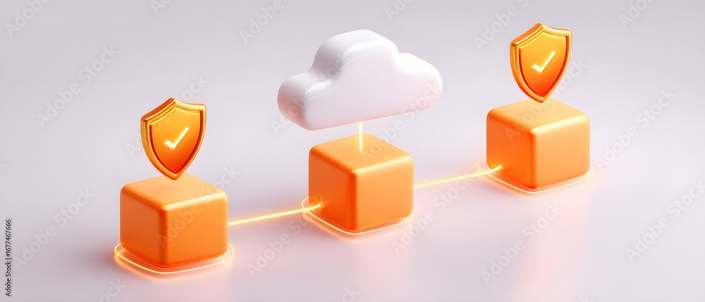 Poster a digital illustration showing three orange blocks connected by lines, featuring cloud storage and s
