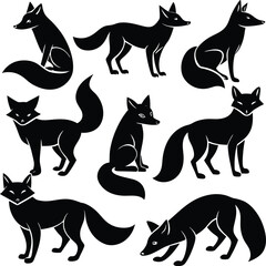 Collection of black fox silhouettes demonstrating various animal poses
