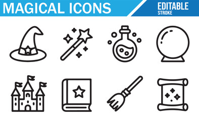 Magical icons in minimalist line art style for fantasy themes