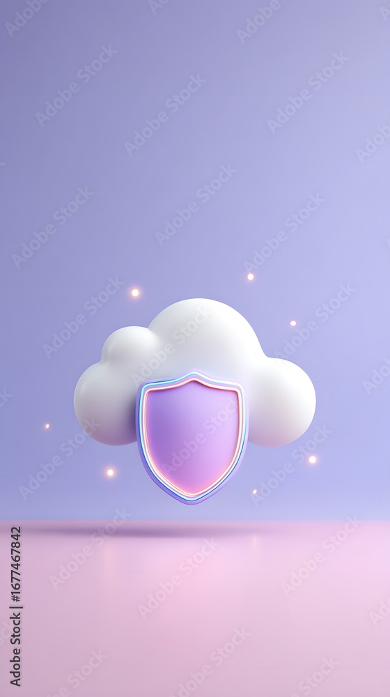 Poster a stylized cloud with a shield overlay, symbolizing digital security and protection in a soft pastel