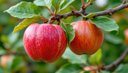 Obraz premium Two ripe, red apples hanging from a branch surrounded by green leaves in a natural setting.
