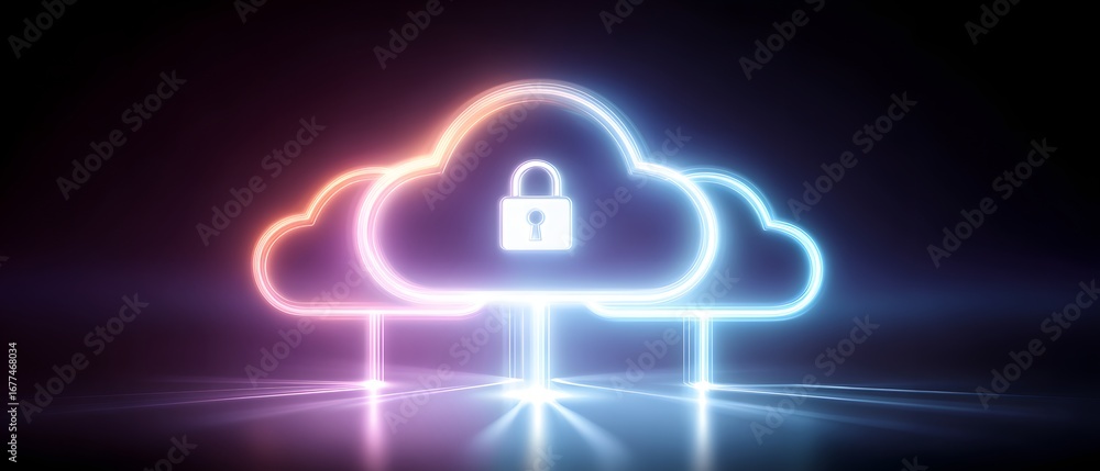 Poster a digital illustration of glowing clouds with a secure padlock symbol, representing cloud computing 