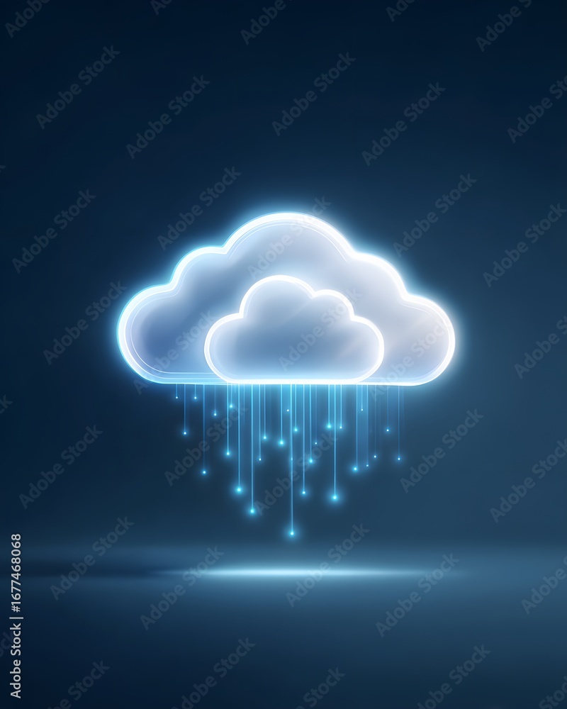 Poster a glowing cloud icon with digital elements, symbolizing data transfer and connectivity in a modern, 