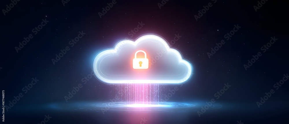 Poster a glowing cloud icon with a padlock symbolizes secure data storage, highlighted against a dark, star