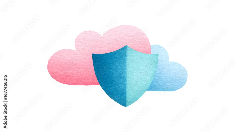 Poster a stylized illustration featuring a shield representing security, layered over colorful clouds, symb