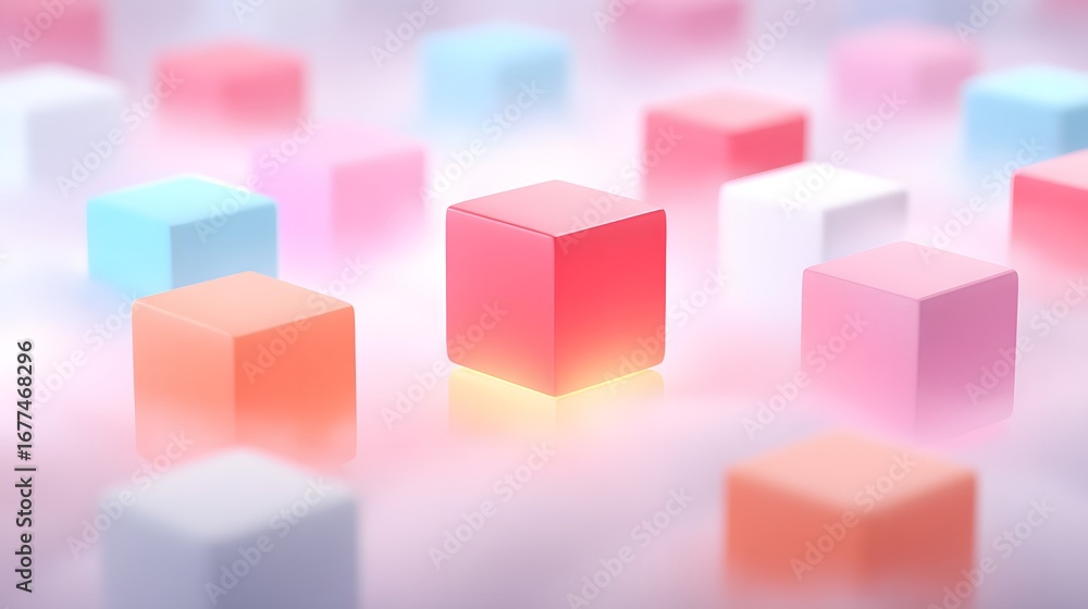Poster a dreamy arrangement of colorful cubes in soft hues, creating a serene and abstract visual experienc