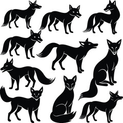 Collection of diverse black fox silhouettes showcasing various poses and actions