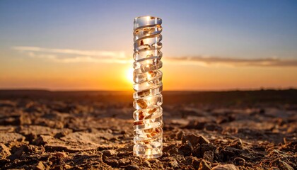 Abstract Crystal Object Glowing at Sunset on Arid Land