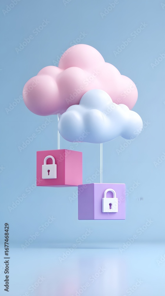 Poster two colorful clouds float above locked boxes, symbolizing security and data protection in a whimsica