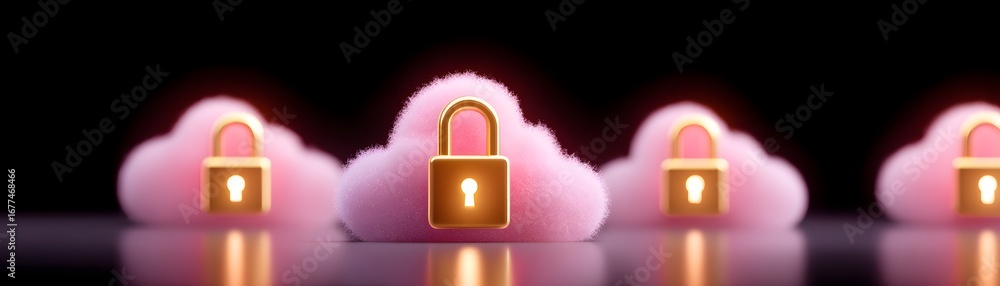 Poster a visually striking image featuring fluffy pink clouds with golden padlocks, symbolizing security an