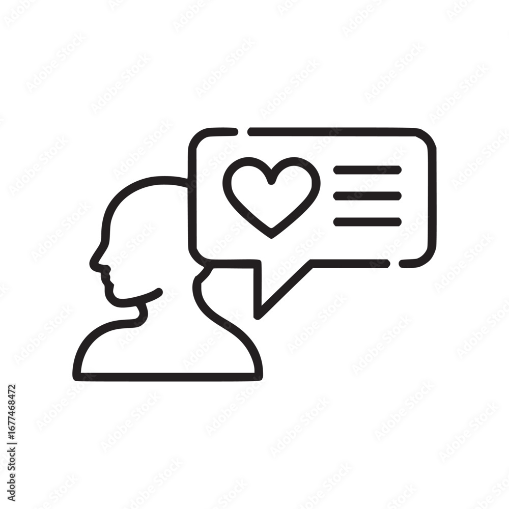 Poster outline of person with heart and lines in speech bubble representing love and communication concept
