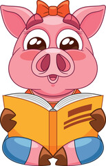 Cute nerd pig reading book