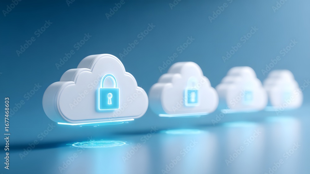 Poster a visual representation of secure cloud storage with locked clouds symbolizing data protection and p
