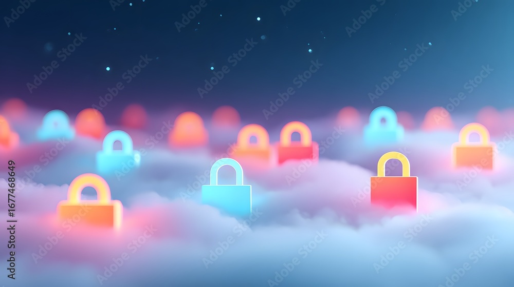 Poster a serene digital landscape featuring colorful locks floating above soft clouds, evoking themes of se