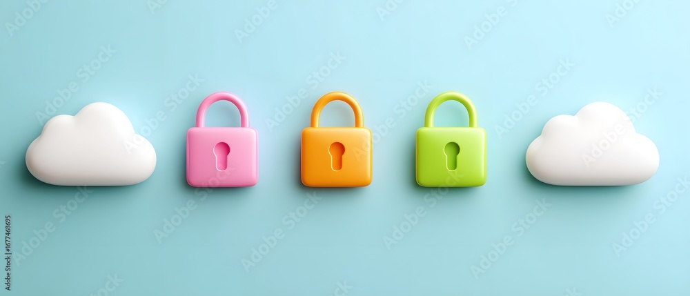 Poster colorful locks beside clouds symbolize digital security and cloud storage, emphasizing data protecti