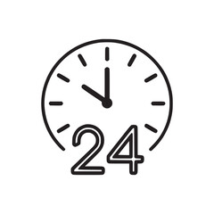 Outline clock icon with hour and minute hands and the number twenty four indicating hours available