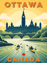Retro travel poster of ottawa canada with parliament hill and kayakers on the river