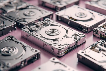 Obraz premium Multiple Hard Drives with Metallic Finish on Pink Surface for Data Storage and Technology Concept
