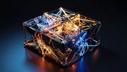 Abstract Cube Structure with Orange and Blue Glowing Lines