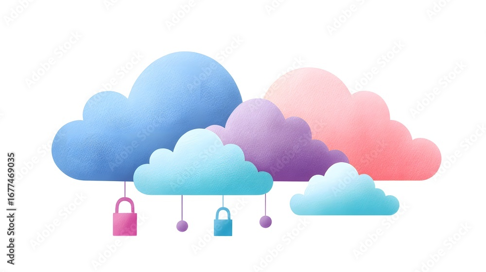 Poster a colorful illustration of clouds with padlocks, symbolizing data security and cloud storage.