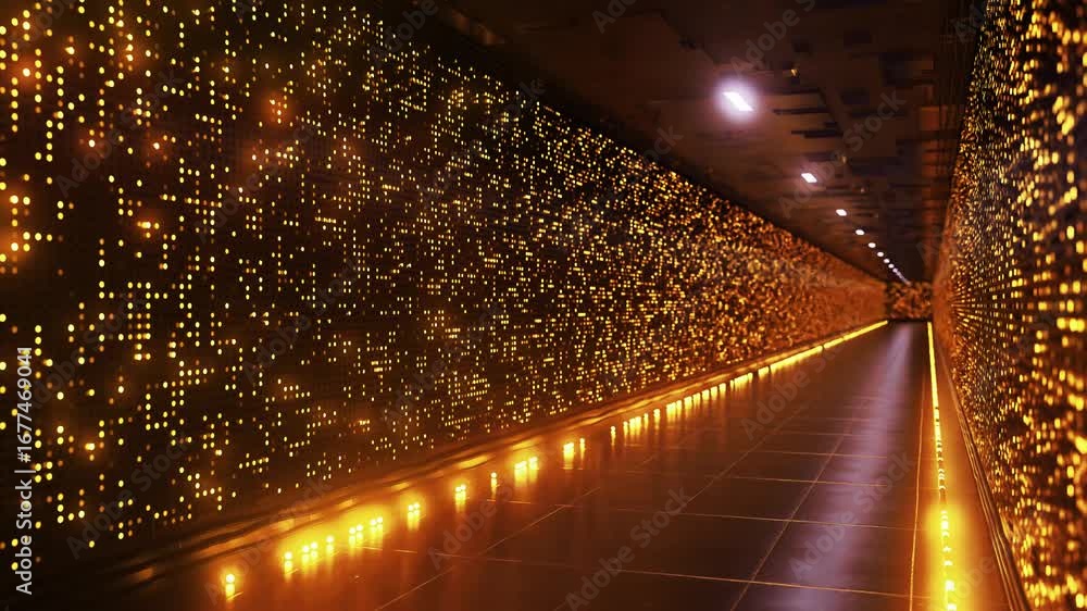 Poster golden lights illuminating modern data center corridor, revealing intricate network infrastructure w