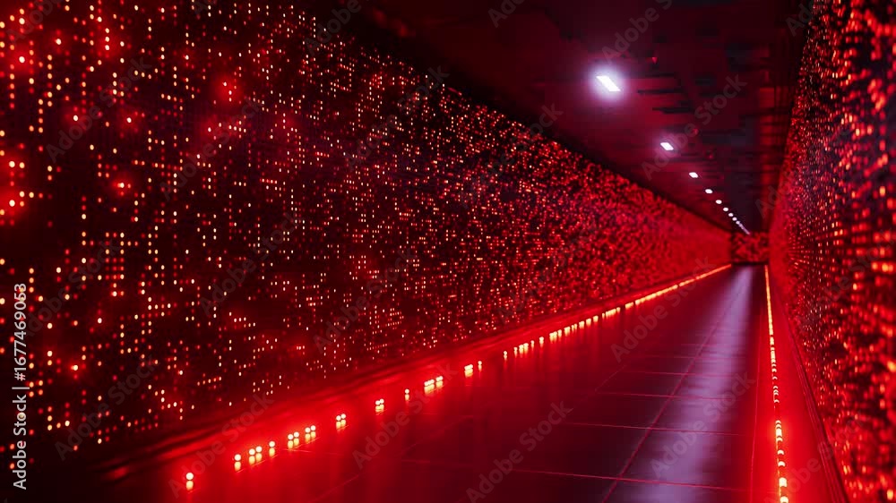Poster blinking red lights illuminating server racks along modern datacenter corridor, highlighting advance