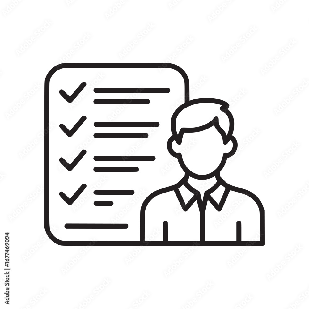 Poster line drawing of a person next to a checklist with checkmarks and horizontal lines on a white backgro