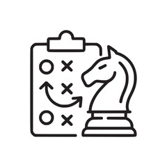 Outline icon showing a chess knight piece next to a clipboard with strategy plan marked on it