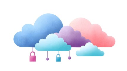 Obraz premium A colorful illustration of clouds with padlocks, symbolizing data security and cloud storage.