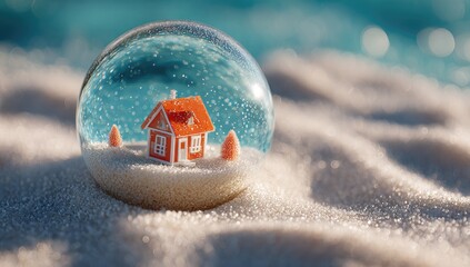 Miniature snow globe house on sandy beach