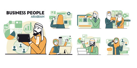 Illustration of Arabian business people working together in modern digital environments