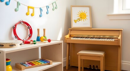 Childrens music room with a wooden piano, colorful musical notes garland, tambourine, xylophone, and other instruments