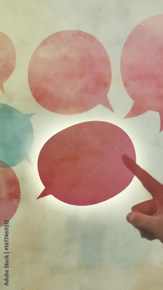 Poster a glowing pink speech bubble with a pointing finger symbolizing communication and interaction on a s