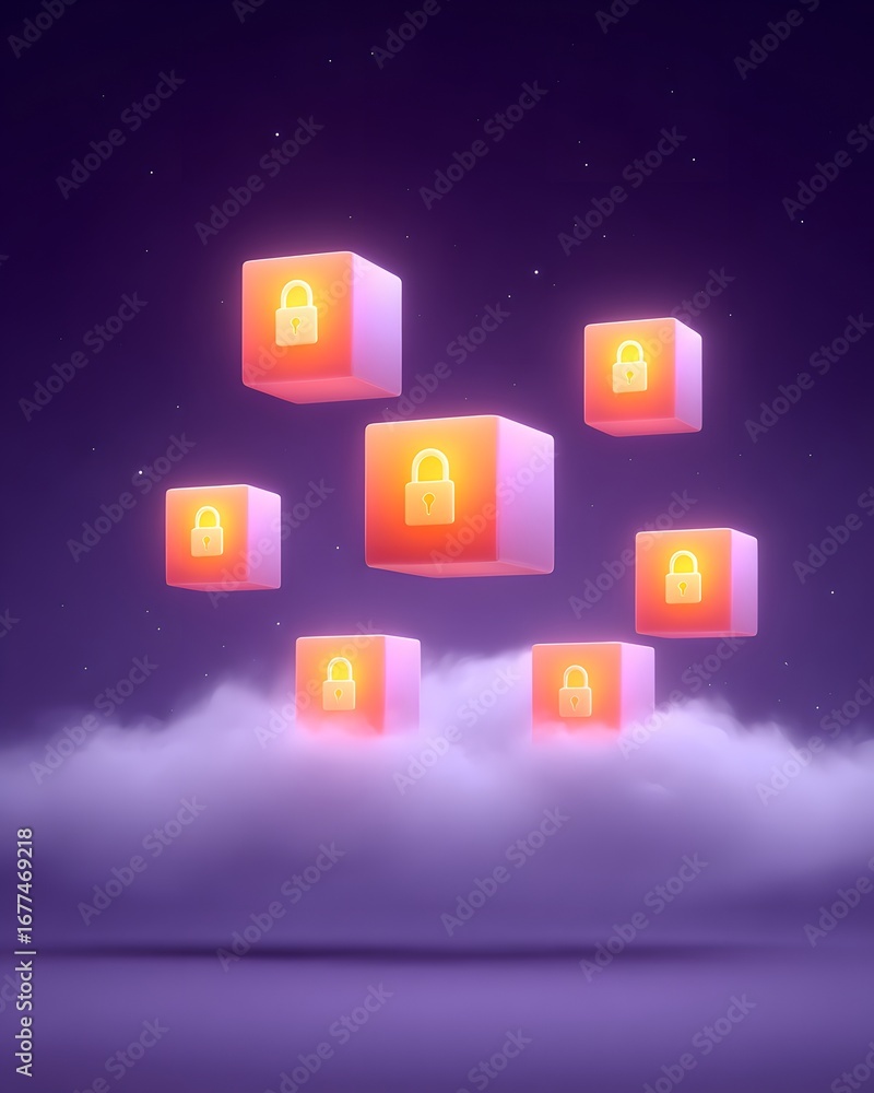 Poster a surreal digital scene featuring floating lock icons within colorful cubes, surrounded by a misty a