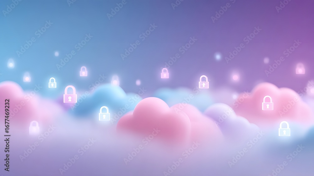 Poster a whimsical digital landscape featuring colorful clouds with floating padlocks, symbolizing security