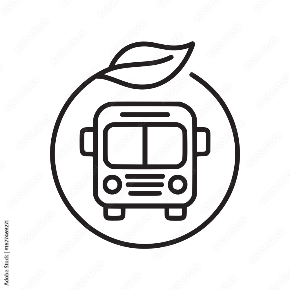 Poster iconic representation of an eco friendly bus with a leaf and a circular outline on a white backgroun