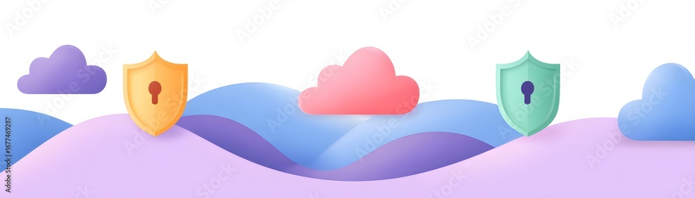 Poster a colorful abstract design featuring clouds and shield icons, symbolizing security and protection in
