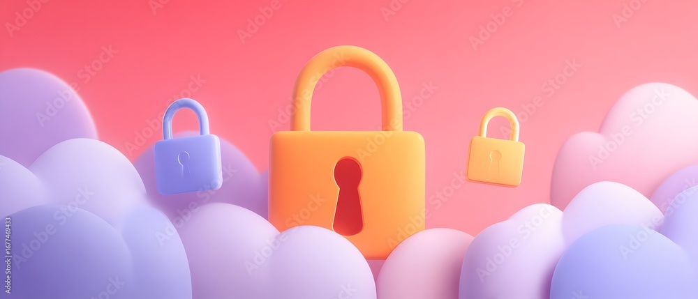 Poster colorful locks floating above soft clouds against a gradient background, symbolizing security and pr