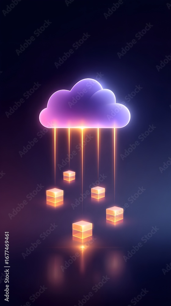 Poster a stylized cloud with glowing boxes dangling below, representing data transfer or cloud computing in