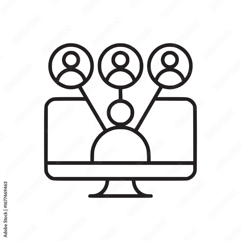 Poster illustration of a computer screen with three people connected in a video conference call outline sty