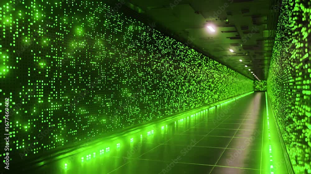 Poster luminescent green lights pulsing across server walls, casting reflective patterns along dark datacen