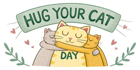 Cute illustration of two cats hugging each other with a banner that says hug your cat day