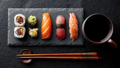 Sushi platter with various rolls and nigiri, and a cup of tea, presented on a dark stone surface
