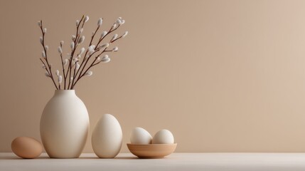 Easter eggs and pussy willow branches in vase, festive minimalist spring still life against neutral background