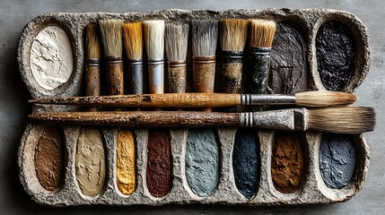 Artist's palette filled with vibrant paints and assorted paintbrushes ready for creative expression