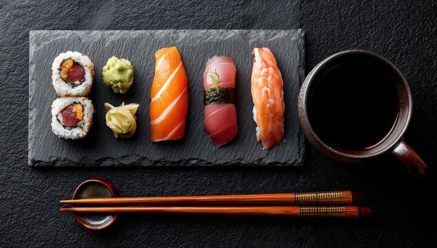 Sushi platter with various rolls and nigiri, and a cup of tea, presented on a dark stone surface - Powered by Adobe