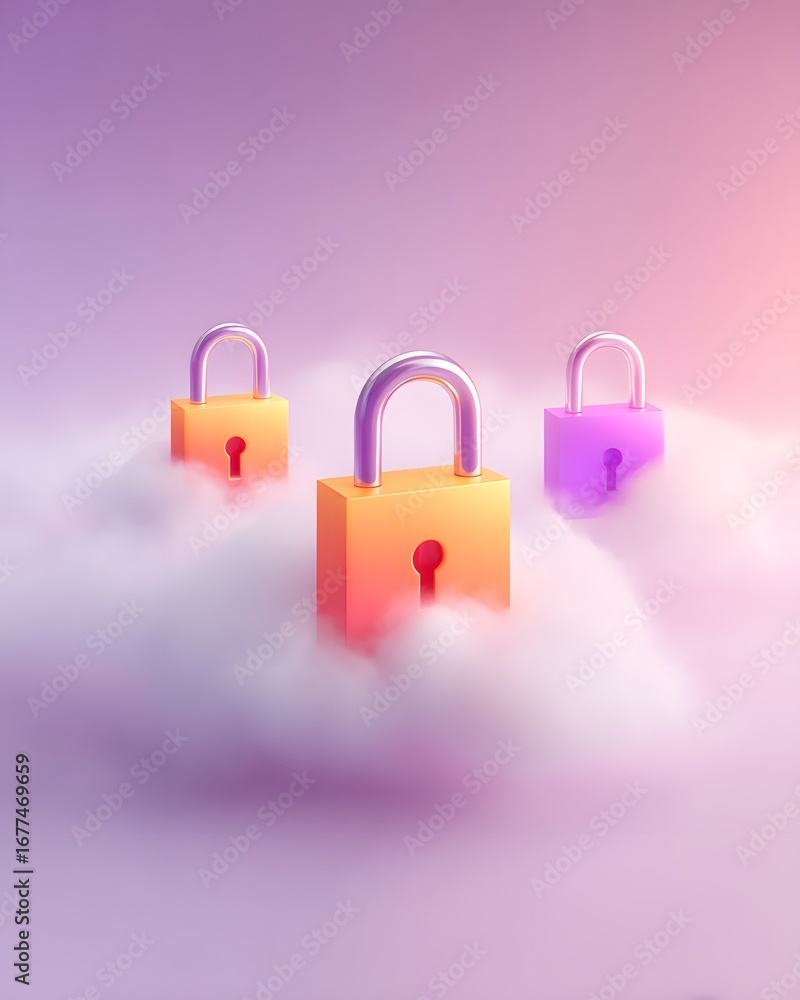 Poster three colorful locks floating in clouds, symbolizing security and protection in a dreamy, ethereal e