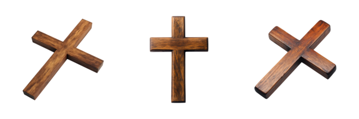 Set of wooden Christian cross isolated on transparent background, cut out